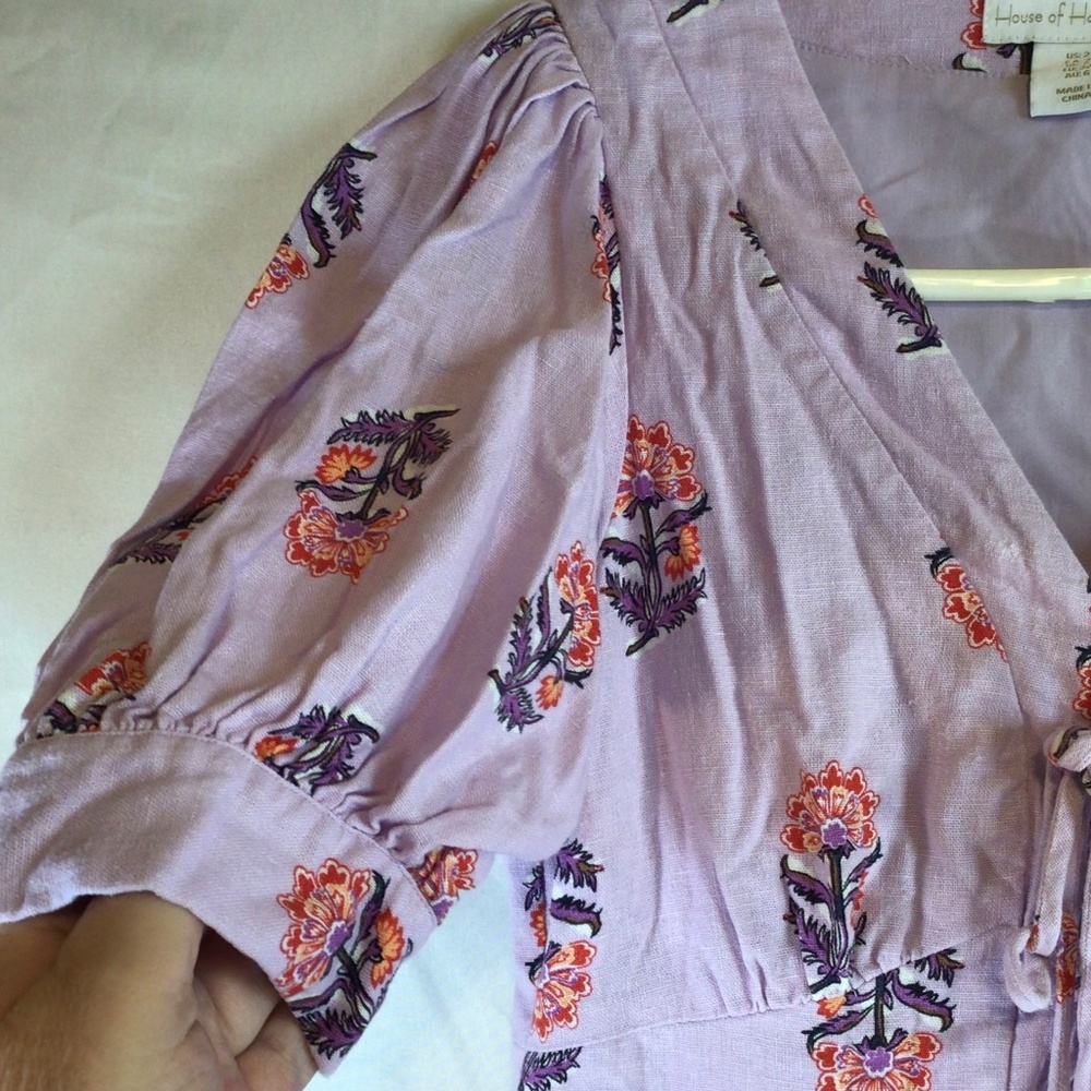 House of Harlow 1960 Size 2 Lavender Linen Boho Floral Puff Sleeve Dress - Picture 6 of 8